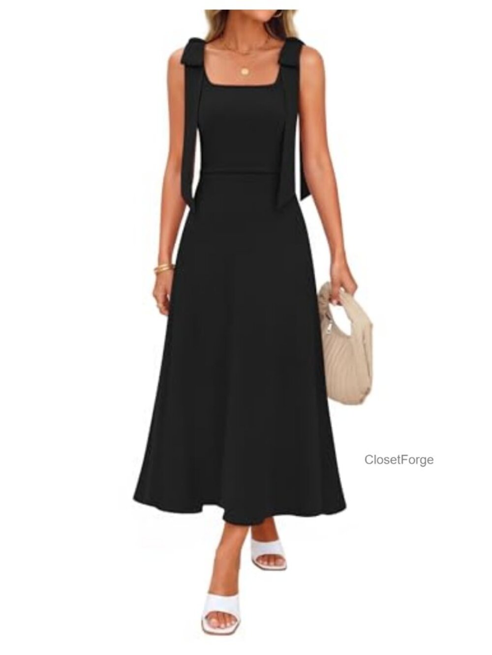 Sleeveless Ribbed Knit Midi Sweater Dress Square Neck Bow Straps